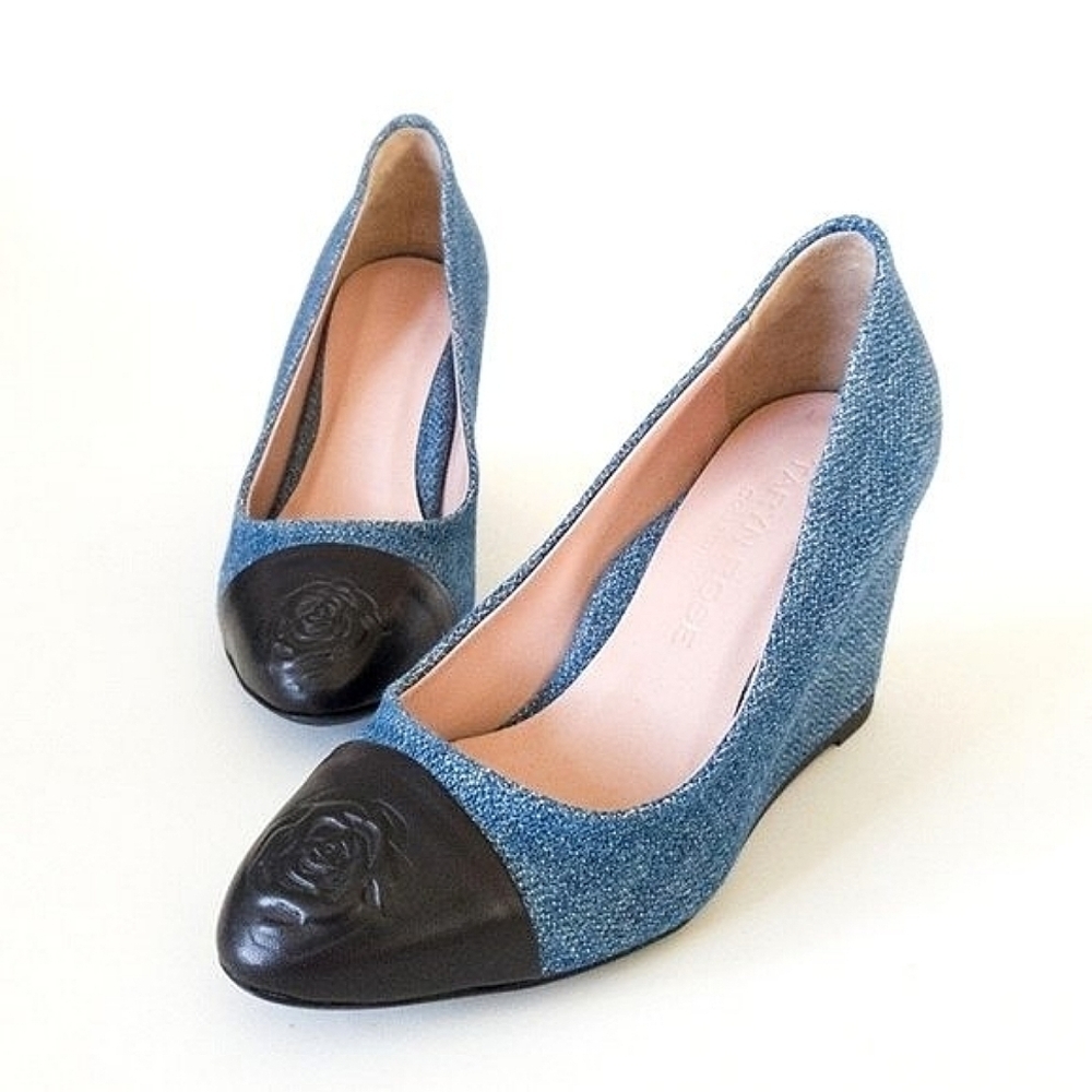 Taryn Rose Isabella Denim Slip On Cap Toe Wedge Shoes